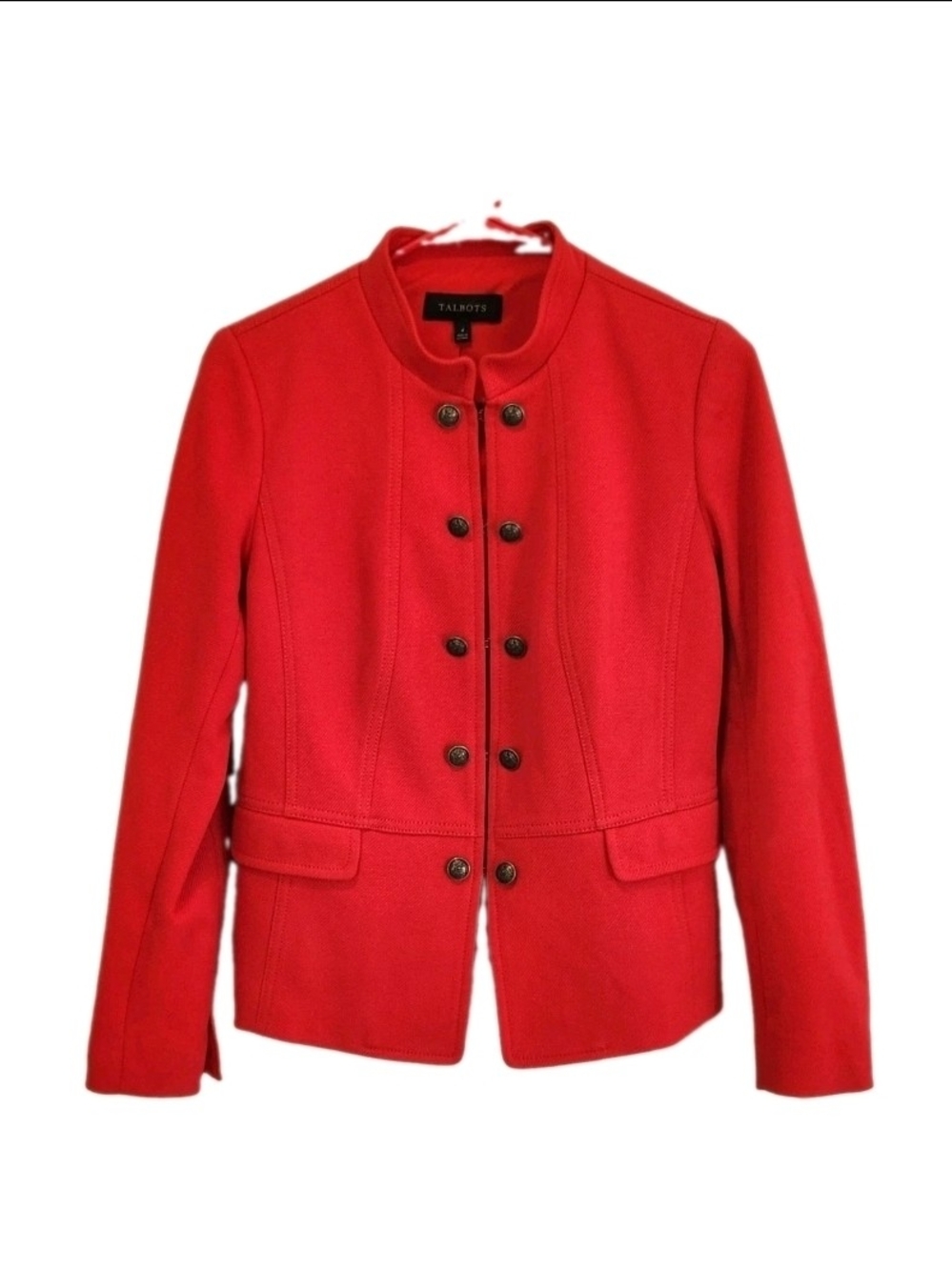 Talbots Red Knit Twill Band Jacket Military Style Blazer Crest Buttons Size 4